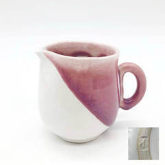 ss8049　ペアマグカップ クリーマー付 ピンク系 マーブル マグカップ 2客セット 素朴 陶器 珈琲 マグ カップ ペア 和食器 焼物 和テイスト マグカップ 中古の画像