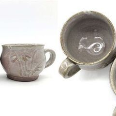 ss8049　ペアマグカップ クリーマー付 ピンク系 マーブル マグカップ 2客セット 素朴 陶器 珈琲 マグ カップ ペア 和食器 焼物 和テイスト マグカップ 中古の画像