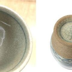 ss8050　三股窯 湯飲み 8個セット 絵変わり 青み 貫入 素朴 古風 湯呑 湯のみ 茶器 和食器 陶器 焼物 お茶 レトロ ゆのみ 中古の画像