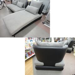 3人掛けカウチソファ ブラック×グレー 全幅約216.5㎝ ファブリック 左右カウチ対応 L字ソファ クッション付き 3Pソファー 3シーター 西岡店の画像