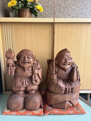 岳峰作　大黒様　恵比寿様　セット　一刀彫り