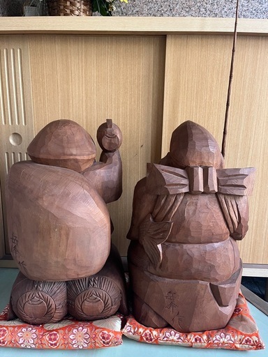 岳峰作　大黒様　恵比寿様　セット　一刀彫り
