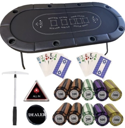 【 PORKER ポーカーテーブル フルセット 】 ポーカーテーブル 最高級クレイチップ 防水加工 プラスチック製 トランプ ディーラーボタン ALL INボタン チップコレクターワンド ドリンクホルダー 折り畳み式 定価63,800円 未使用品 182×82×75cm