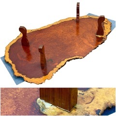 ◯花梨 一枚板 座卓 無垢 玉杢 葡萄杢 瘤杢 座敷机 高級銘木 輪切り カリン ローテーブル 155×97cm■ジモティ姫路の画像