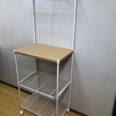 レンジ台 レンジラック キッチンラック 木目調 ホワイト スチールだな スライド棚 キャスター付 家電　88341-1-005の画像