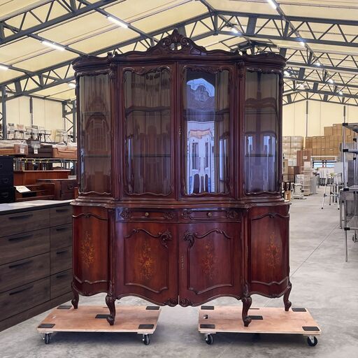 ≪zyt2608ジ≫ クラシック家具 アンティーク調 猫脚サイドボード イタリア製 ガラス/木象嵌/バロック/ヴェローナ/飾り棚/ガラスケース/キュリオケース/中古家具/宮城県仙台市/リユースストレージ仙台 071101-10