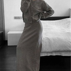 カーディガン&ロングニットスカート2点セット　グレーニット　セットアップの画像
