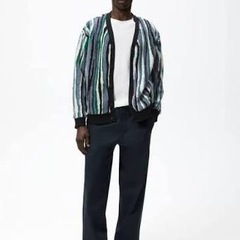 ZARA ザラ ZARAストライプ フェイクボアカーディガン メンズの画像