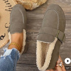 2024年新作 プレッピースタイル バックル付き ウォームローファー レディース、ヴィンテージ 通気性 ドライビングシューズ、フェイクファー モカシン　スリッポン フラットシューズの画像