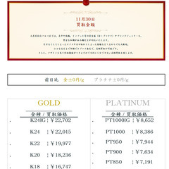 大黒屋仙台パルコ店 11/30 本日の貴金属の買取金額