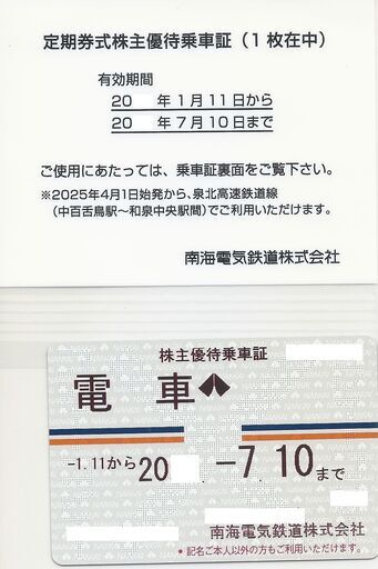 「南海電気鉄道　株主優待乗車証　2026年07月10日期限」