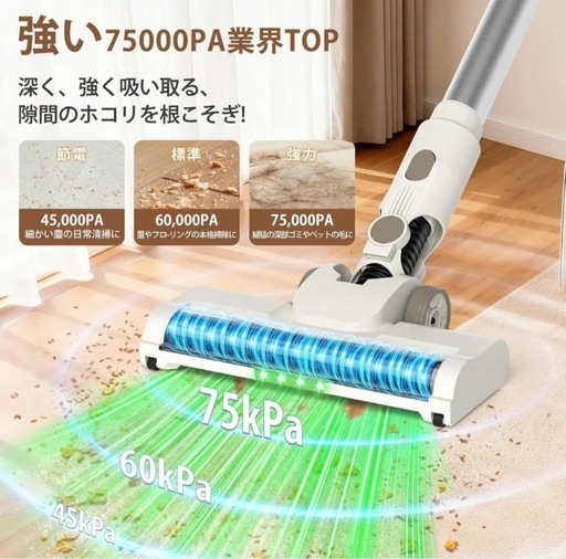 【専用】業界初 75KPa超強力吸引65分連続駆動コードレス掃除機
