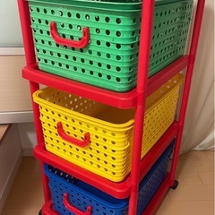【良品】お洒落可愛い♪カラフル収納3段ラック 便利なキャスター付き♪奥行56×幅45×高さ103^_^収納時高さ59の画像