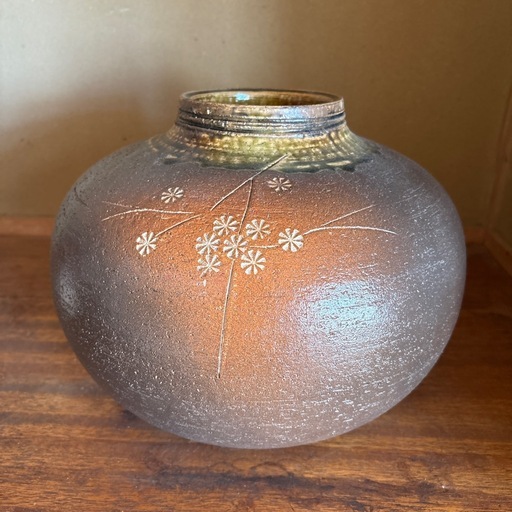 信楽焼駒型灰釉印花花瓶飾壷花器古美術品昭和レトロ陶器 壷 焼物 (とも