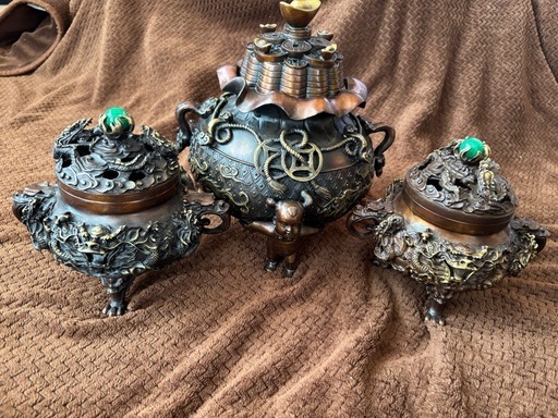 開運 龍 龍神 九龍香炉 銅製　真鍮製　龍玉 中国