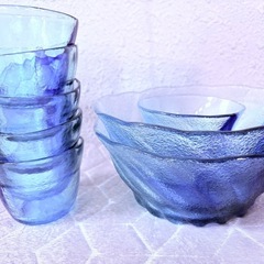 🌊✨東洋佐々木ガラス 8点まとめて💎彩流＊涼しげブルー＆透明ガラス♪そうめん鉢2点＋そば猪口6点💎夏も冬も使えるおしゃれ和モダン食器♥麺類・サラダ・デザート・鍋料理にも最適🎐岡山市中区円山直接手渡し💙❄️の画像