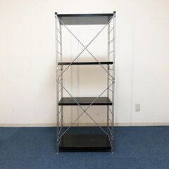 YAMAZEN 4段ウッドシェルフ 可動式棚板 ダークブラウン オープンラック・収納棚・キャビネット 脚部アジャスター付きスチールシェルフの画像