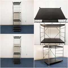 YAMAZEN 4段ウッドシェルフ 可動式棚板 ダークブラウン オープンラック・収納棚・キャビネット 脚部アジャスター付きスチールシェルフの画像