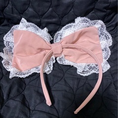 リボンカチューシャ ピンク×レースの画像