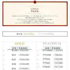 大黒屋仙台パルコ店 12/01 本日の貴金属の買取金額 