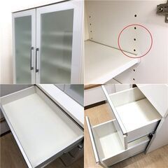 stp-3591　食器棚　ホワイト　幅80cm 鏡面仕上げ　キッチンボード　白　ガラス扉　カップボード　ダイニングボード　引出　キッチン収納の画像