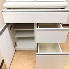 stp-3591　食器棚　ホワイト　幅80cm 鏡面仕上げ　キッチンボード　白　ガラス扉　カップボード　ダイニングボード　引出　キッチン収納の画像