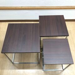 stp-3596　ネストテーブル　3連　ダークブラウン　40×40cm　サイドテーブル　こげ茶　スチール脚　ネスティングテーブル　入子式テーブル　スクエア　四角　ミニテーブル　ナイトテーブルの画像