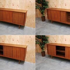 ≪zyt2611ジ≫ 北欧風サイドボード 幅160cm 高さ75cm 3枚引き戸 ウォールナット材？ おしゃれ/男前/ヴィンテージ/キャビネット/中古家具/リユースストレージ仙台 071128-05の画像