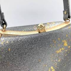 ss8085　和装バッグ グレー×ゴールド 渋め 金箔 ころんとした 物がはいる ハンドバッグ 成人式 結婚式 華やか 高級感 女性用 和服 着物用 バッグ 中古の画像