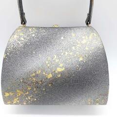 ss8085　和装バッグ グレー×ゴールド 渋め 金箔 ころんとした 物がはいる ハンドバッグ 成人式 結婚式 華やか 高級感 女性用 和服 着物用 バッグ 中古の画像