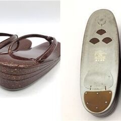 ss8086　キンワシ印 和装小物 2点セット 草履＆鞄 ブラウン×ゴールド エナメル 渋め 茶×金箔 金鷲印 ハンドバッグ クラッチバッグ ぞうり 成人式 結婚式 華やか 高級感 女性用 和服 着物用 草履バッグセット 中古の画像