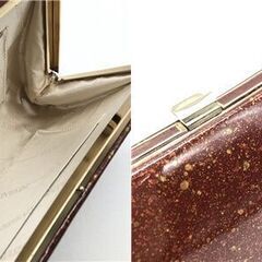 ss8086　キンワシ印 和装小物 2点セット 草履＆鞄 ブラウン×ゴールド エナメル 渋め 茶×金箔 金鷲印 ハンドバッグ クラッチバッグ ぞうり 成人式 結婚式 華やか 高級感 女性用 和服 着物用 草履バッグセット 中古の画像