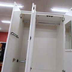 マルミツ ワードローブ 幅88.5×奥行54×高さ190cm 引出し×3 ミラー付き ホワイト系 エナメル 大容量 衣類収納 収納家具 苫小牧西店の画像