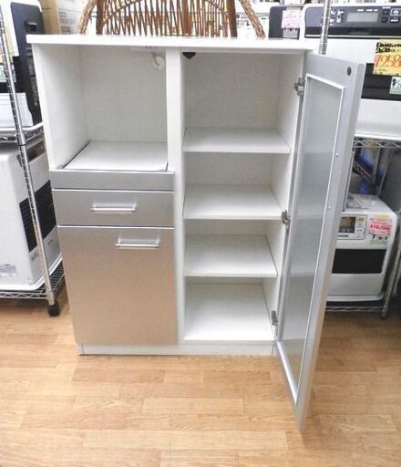 ミドルレンジボード 幅80㎝ 高さ115㎝ エナメル天板 スライド引出し コンセント付き キッチンボード 食器棚 シルバー 西岡店
