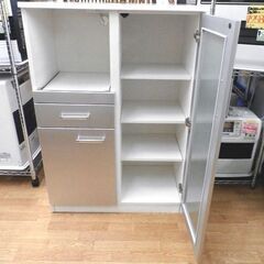 ミドルレンジボード 幅80㎝ 高さ115㎝ エナメル天板 スライド引出し コンセント付き キッチンボード 食器棚 シルバー 西岡店の画像