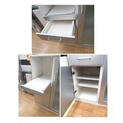 ミドルレンジボード 幅80㎝ 高さ115㎝ エナメル天板 スライド引出し コンセント付き キッチンボード 食器棚 シルバー 西岡店の画像