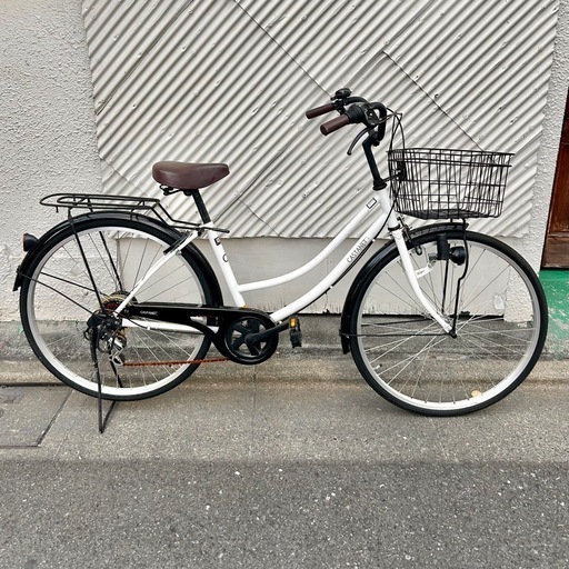 自転車 6段 変速 ギア 26インチ 街乗り 町乗り ママチャリ シティサイクル カゴ付き ライト付き 白 ホワイト