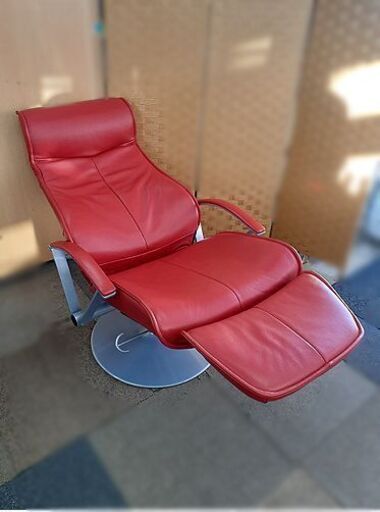 値下げ！北欧家具【KEBE KE-16 総本革張り デンマーク】レッド パーソナルチェア リクライニングチェア 1Pソファ 回転機能 