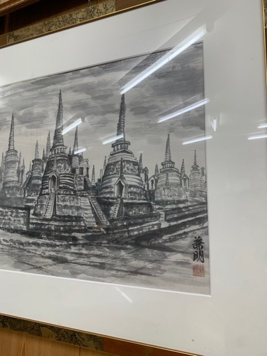 【額装 水墨画】東南アジア遺跡風景