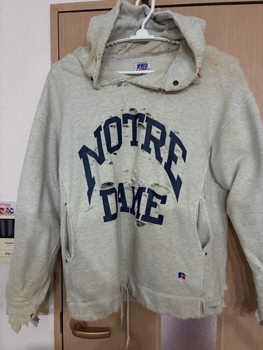 今日限定。RUSSELL PRO COTTON NOTRE DAME ダメージ加工パーカー グレー