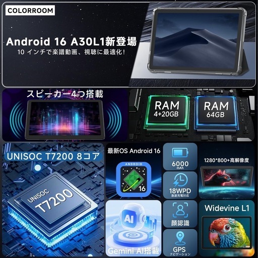 アンドロイド 16 タブレット 10インチ 24GB+64GB+2TB TF拡張可能 Widevine L1対応 IPS画面 8コアCPU T7200 tablet 6000mAh+type-C+18W PD充電 2.4G/5G WiFi+BT5.0+GPS 無線投影 説明書付 保護ケース付 (ブラック)