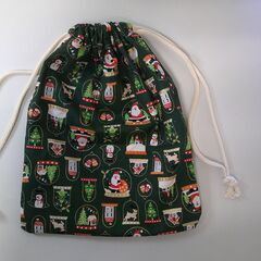 【ハンドメイド】クリスマス柄きんちゃく（深緑）③の画像