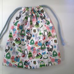 【ハンドメイド】クリスマス柄きんちゃく（白）②の画像