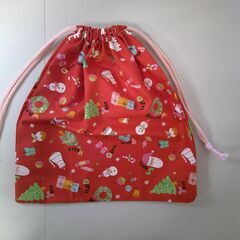 【ハンドメイド】クリスマス柄きんちゃく（赤）③の画像