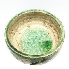 ss8102　高足花器 高さ22cm ガラス釉？ レトロ 陶器製 結晶釉？ 高台花器 足付き 脚付き 水盤 和風 織部風 フラワーベース 花瓶 生け花 浅型 鉢 盆栽 花器 中古の画像