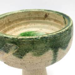 ss8102　高足花器 高さ22cm ガラス釉？ レトロ 陶器製 結晶釉？ 高台花器 足付き 脚付き 水盤 和風 織部風 フラワーベース 花瓶 生け花 浅型 鉢 盆栽 花器 中古の画像