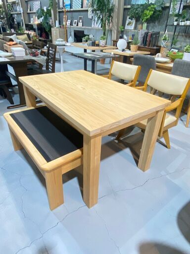 I2★4人用ダイニングセット★桧無垢テーブル W120cm ベンチ 回転チェア2脚 天然木 ナチュラル 食卓 ダイニング
