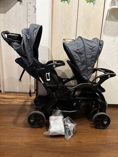 【美品】二人乗り　ベビーカー　二人でゴーDX　デニム　カトージ レインカバー付き