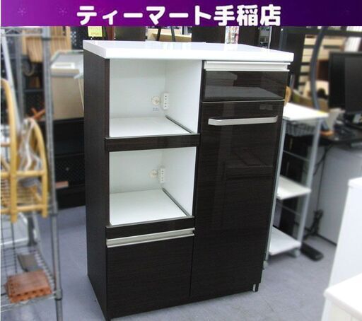 レンジボード 幅80.5×奥行45×高さ120.5㎝ エナメル天板 2口コンセント×2 ストッカー付 キッチンキャビネット ミドルレンジボード レンジ台 キッチン収納 創愛ファニチュア カシュー80 札幌 手稲