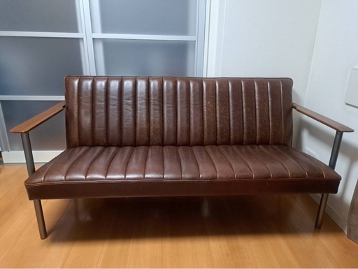 ヴィンテージ風ブラウンレザーソファベンチ／2〜3人掛け・インダストリアルデザイン